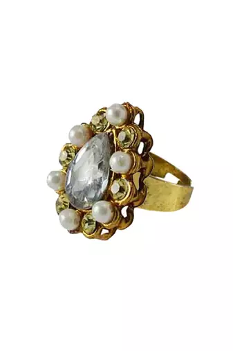 Brass Gold Platted  Multicolor Stone Studded  Ring With Adjustable