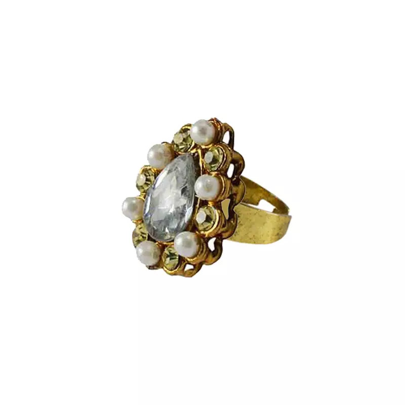 Brass Gold Platted  Multicolor Stone Studded  Ring With Adjustable