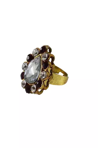 Brass Gold Platted  Multicolor Stone Studded  Ring With Adjustable