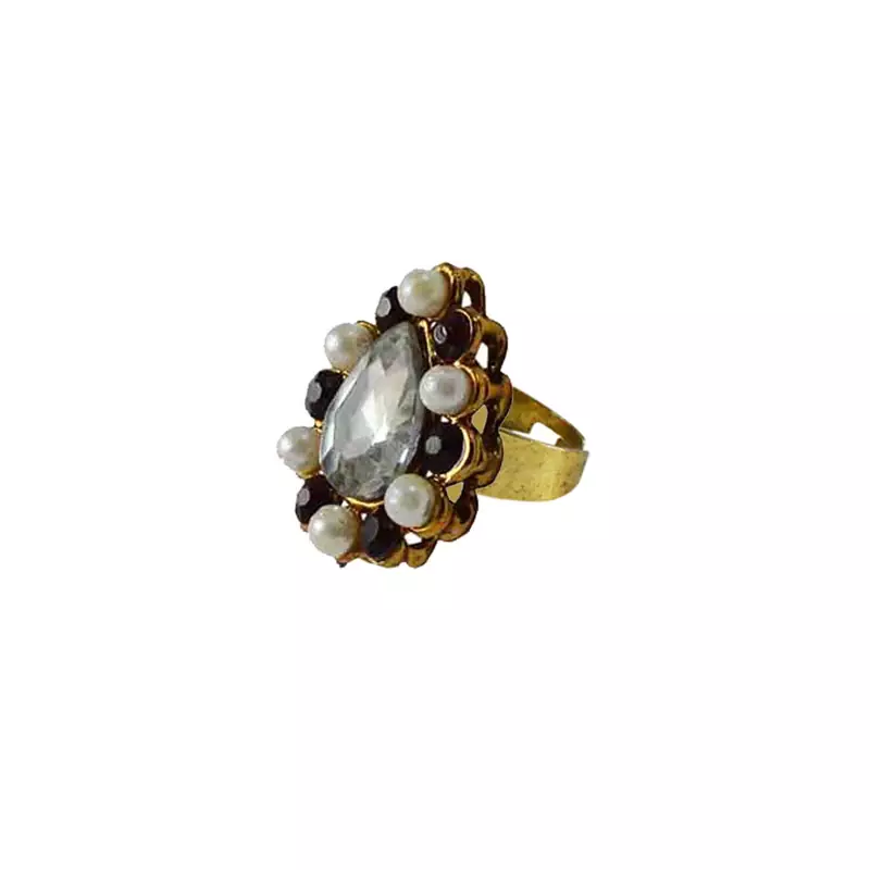 Brass Gold Platted  Multicolor Stone Studded  Ring With Adjustable