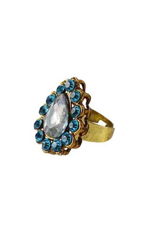 Brass Gold Platted  Blue Stone Studded  Ring With Adjustable