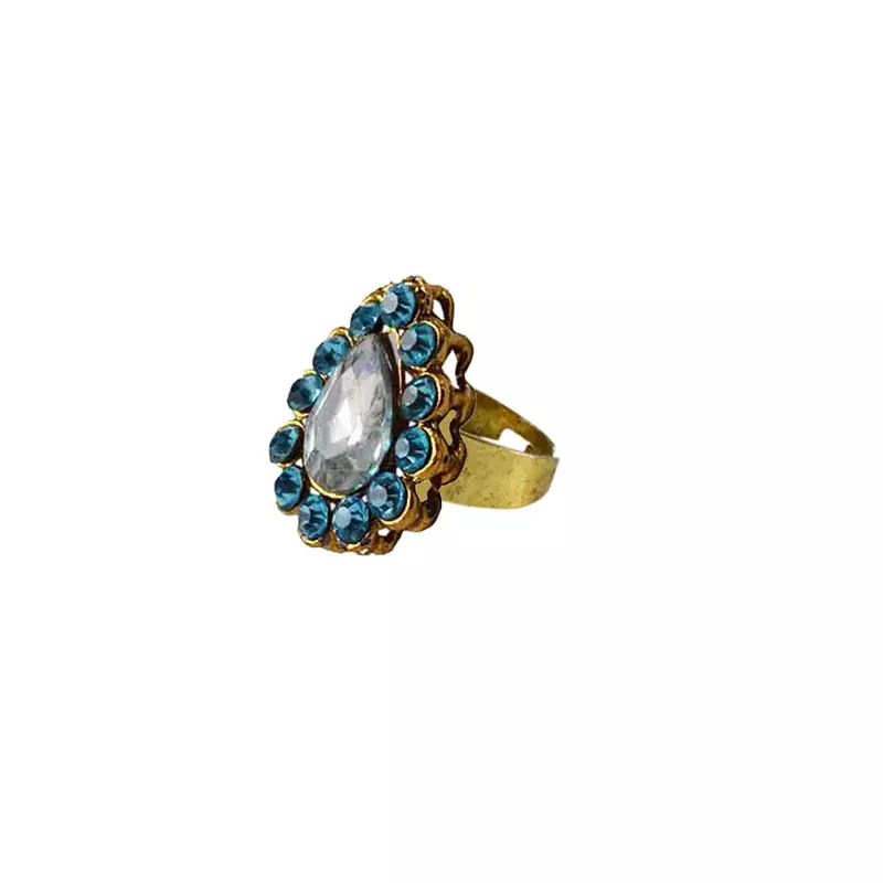 Brass Gold Platted  Blue Stone Studded  Ring With Adjustable