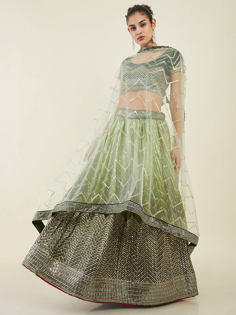 Gorgeous Green Sequins Art SIlk Wedding Wear Lehenga Choli Set