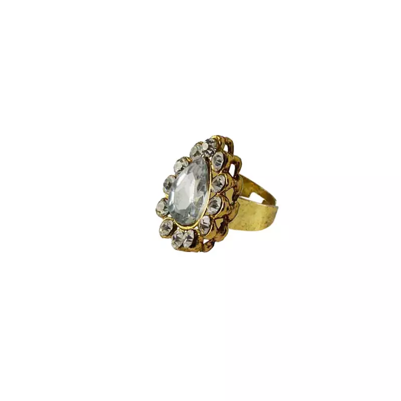 Brass Gold Platted  White Stone Studded  Ring With Adjustable