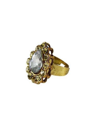 Brass Gold Platted  Green Stone Studded  Ring With Adjustable