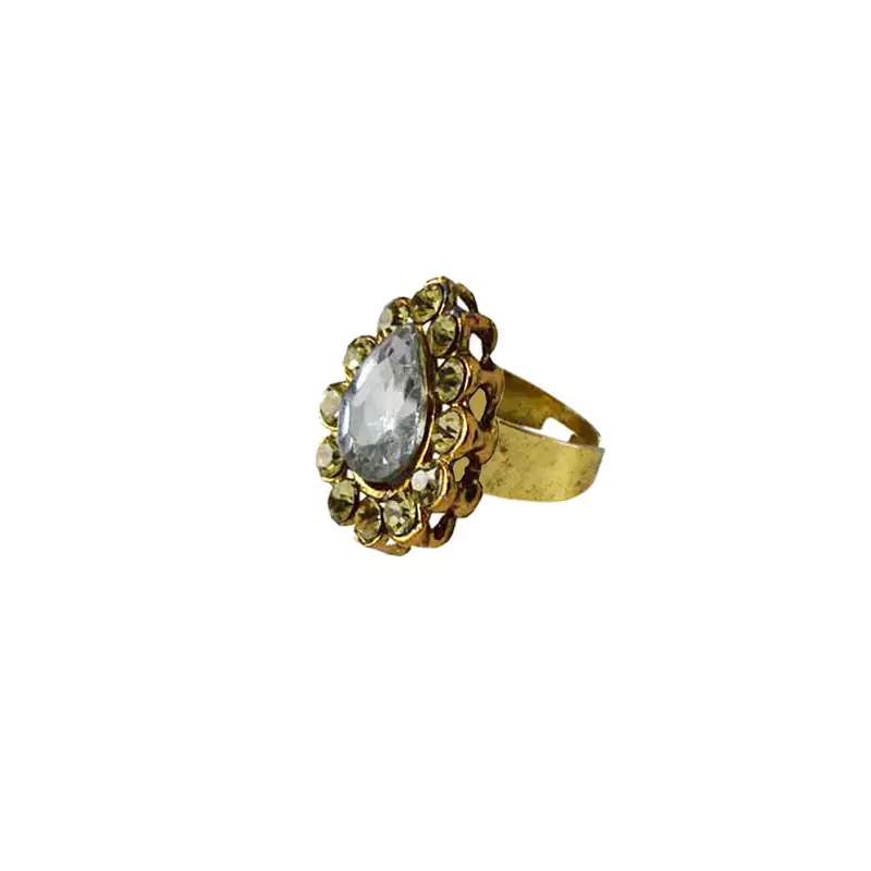 Brass Gold Platted  Green Stone Studded  Ring With Adjustable