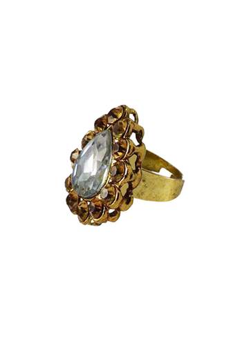 Brass Gold Platted  Golden Stone Studded  Ring With Adjustable
