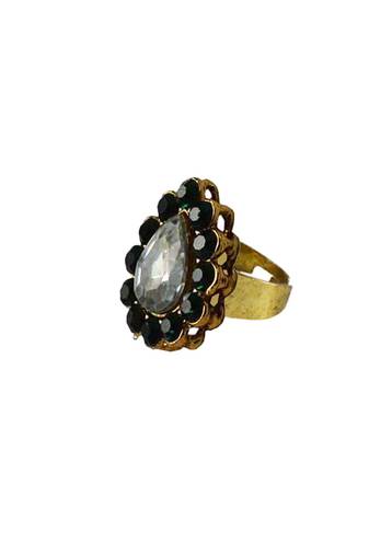 Brass Gold Platted  Green Stone Studded  Ring With Adjustable