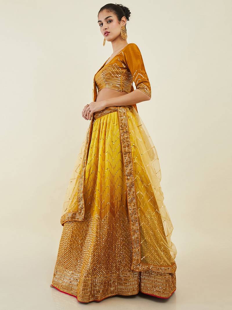 Gorgeous Yellow Sequins Art Silk Wedding Wear Lehenga Choli Set