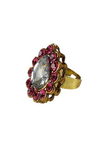 Brass Gold Platted  Pink Stone Studded  Ring With Adjustable
