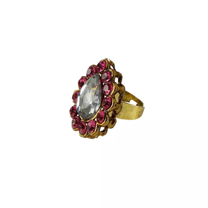 Brass Gold Platted  Pink Stone Studded  Ring With Adjustable