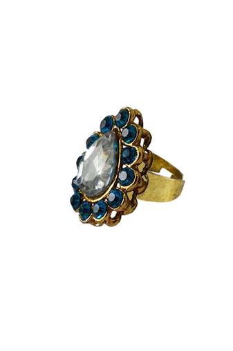 Brass Gold Platted  Blue Stone Studded  Ring With Adjustable