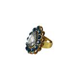 Brass Gold Platted  Blue Stone Studded  Ring With Adjustable