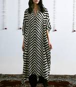 Cream and Black Viscose Crepe Printed Kaftan With Viscose Crepe Bottom