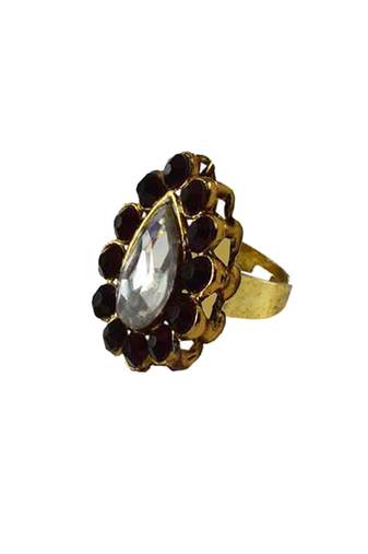 Brass Gold Platted  Black Stone Studded  Ring With Adjustable
