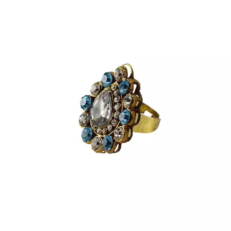 Brass Gold Platted  Multicolor Stone Studded  Ring With Adjustable