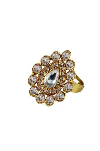 Brass Gold Platted  White Stone Studded  Ring With Adjustable