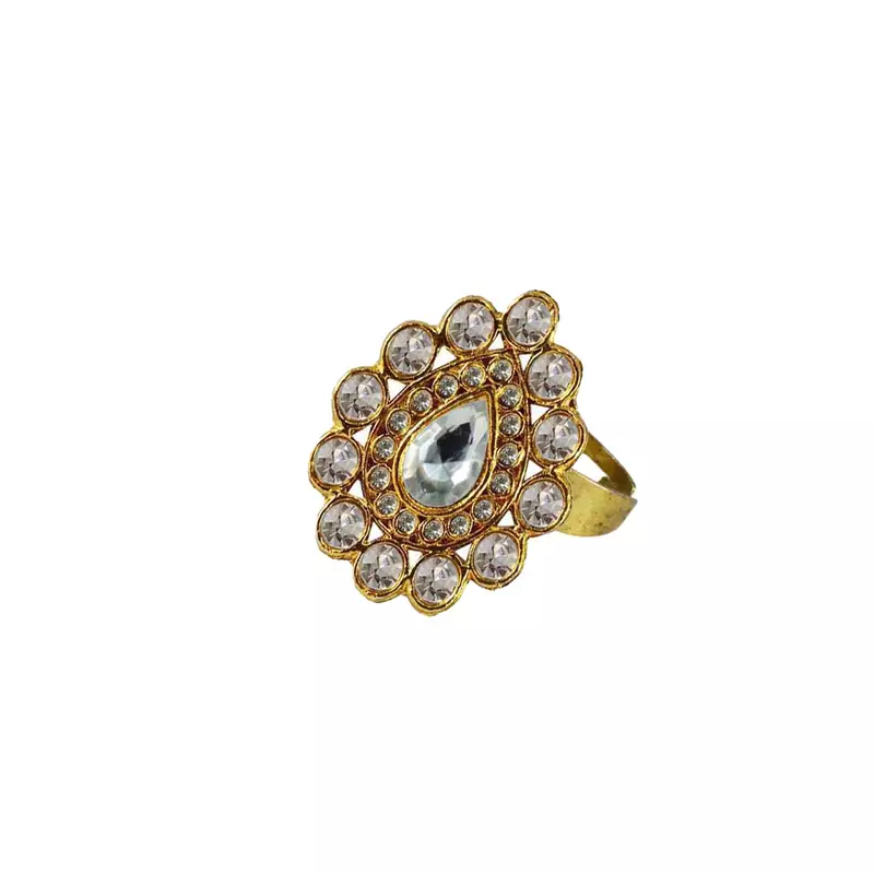 Brass Gold Platted  White Stone Studded  Ring With Adjustable