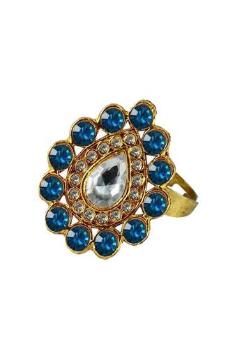Brass Gold Platted  White Stone Studded  Ring With Adjustable