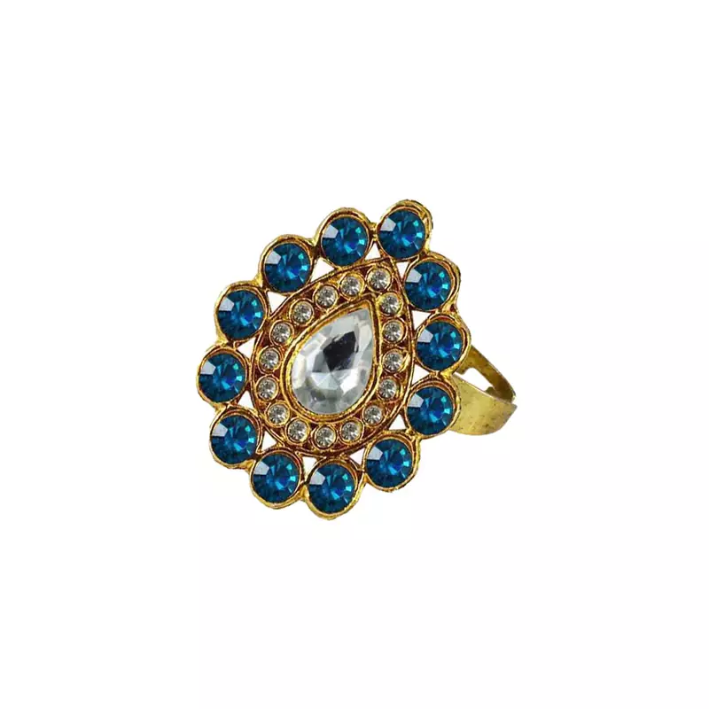 Brass Gold Platted  White Stone Studded  Ring With Adjustable