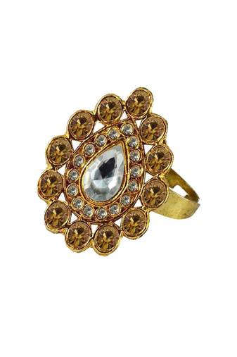 Brass Gold Platted  Golden Stone Studded  Ring With Adjustable
