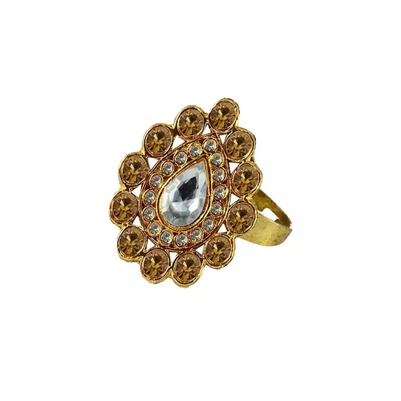 Brass Gold Platted  Golden Stone Studded  Ring With Adjustable
