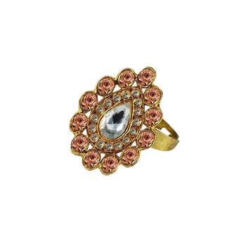 Brass Gold Platted  Peach Stone Studded  Ring With Adjustable 1