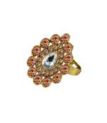 Brass Gold Platted  Peach Stone Studded  Ring With Adjustable