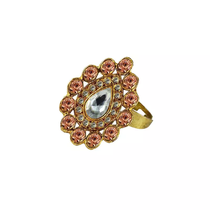 Brass Gold Platted  Peach Stone Studded  Ring With Adjustable