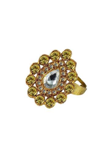 Brass Gold Platted  Green Stone Studded  Ring With Adjustable