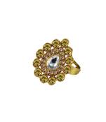 Brass Gold Platted  Green Stone Studded  Ring With Adjustable