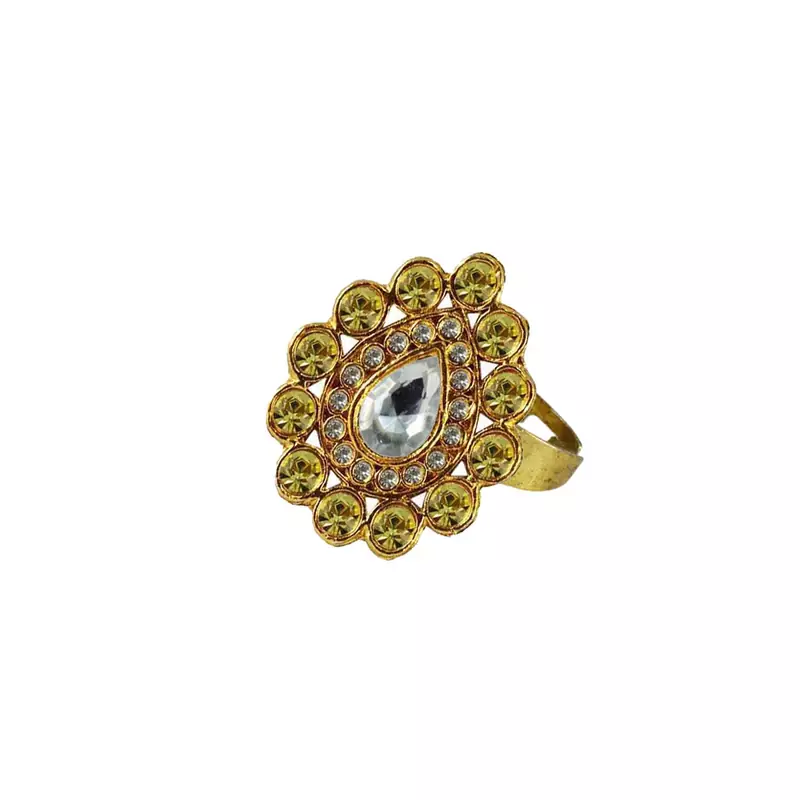 Brass Gold Platted  Green Stone Studded  Ring With Adjustable