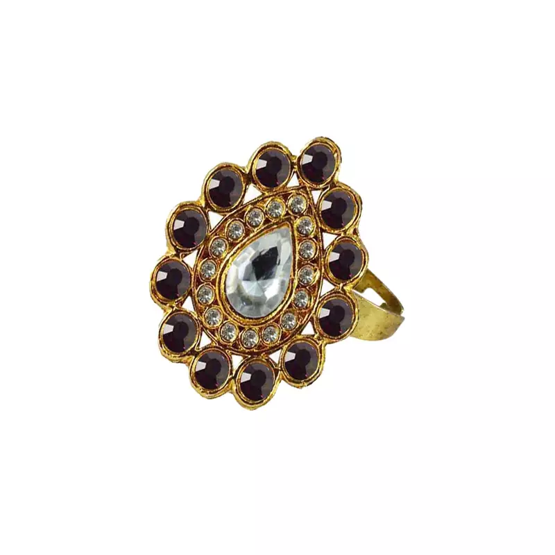 Brass Gold Platted  Purple Stone Studded  Ring With Adjustable