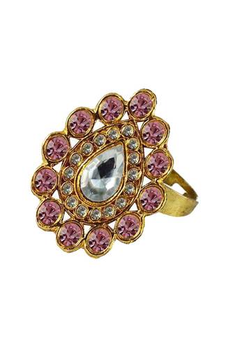 Brass Gold Platted  Pink Stone Studded  Ring With Adjustable