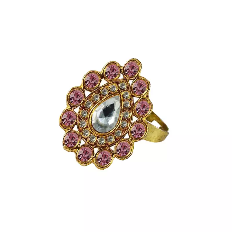 Brass Gold Platted  Pink Stone Studded  Ring With Adjustable