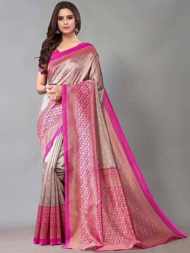 Grey & Pink Printed Art Silk Traditional-Sarees With Blouse
