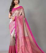 Grey & Pink Printed Art Silk Traditional-Sarees With Blouse