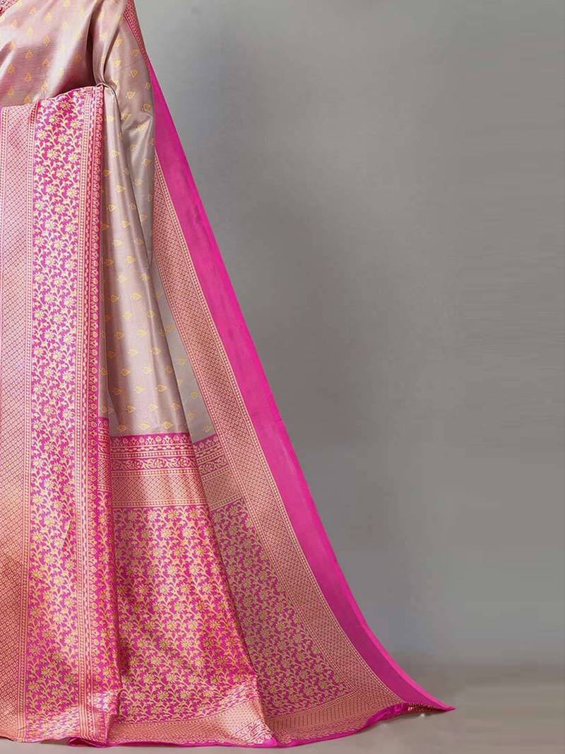 Grey & Pink Printed Art Silk Traditional-Sarees With Blouse