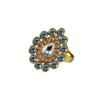Brass Gold Platted  Blue Stone Studded  Ring With Adjustable 1