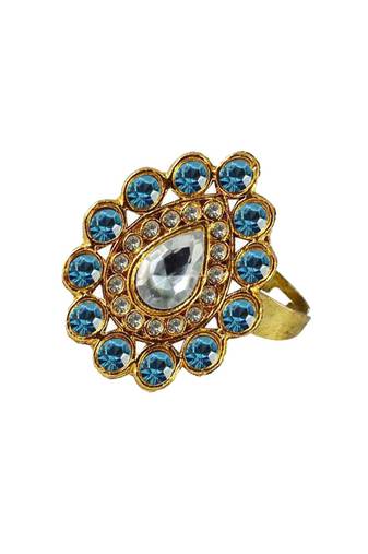 Brass Gold Platted  Blue Stone Studded  Ring With Adjustable