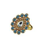 Brass Gold Platted  Blue Stone Studded  Ring With Adjustable