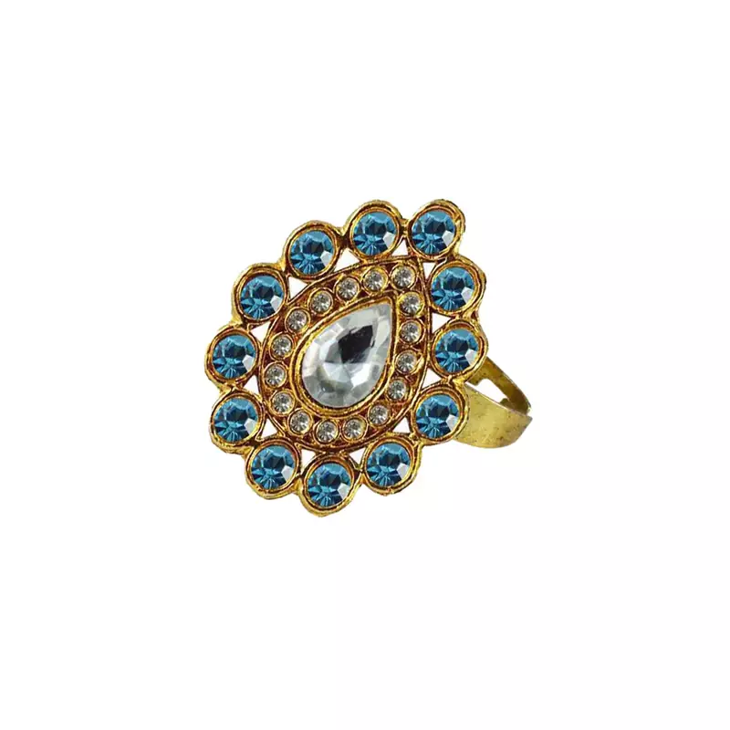 Brass Gold Platted  Blue Stone Studded  Ring With Adjustable