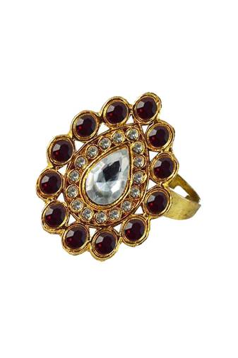 Brass Gold Platted  Maroon Stone Studded  Ring With Adjustable