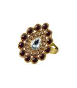 Brass Gold Platted  Maroon Stone Studded  Ring With Adjustable