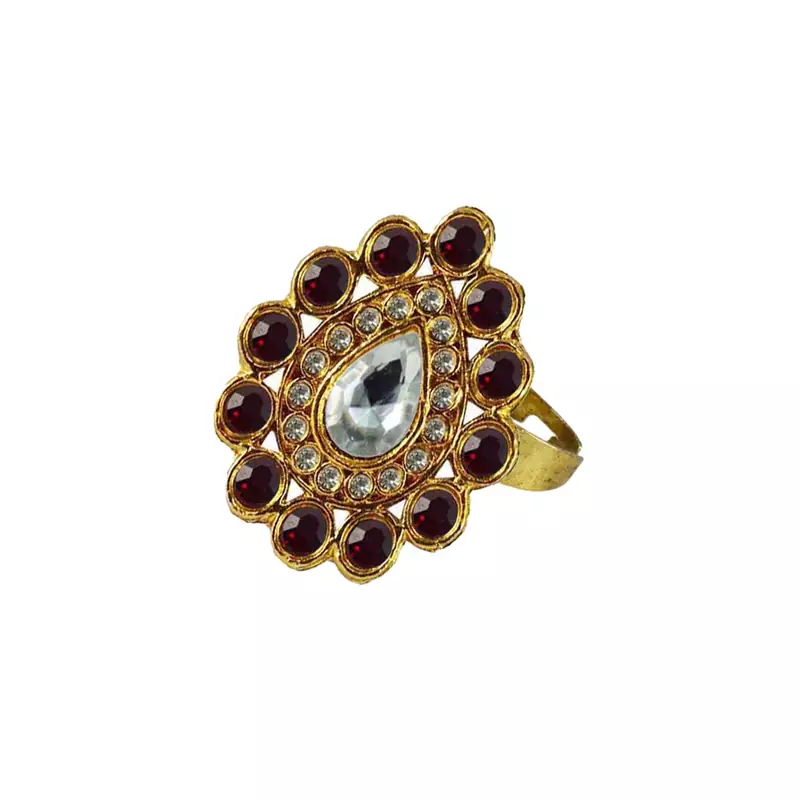 Brass Gold Platted  Maroon Stone Studded  Ring With Adjustable