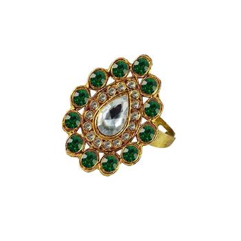 Brass Gold Platted  Green Stone Studded  Ring With Adjustable 1