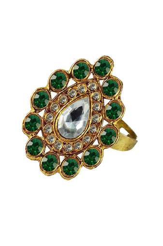 Brass Gold Platted  Green Stone Studded  Ring With Adjustable