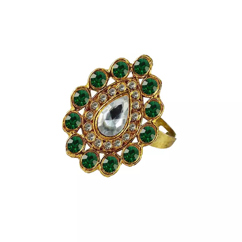 Brass Gold Platted  Green Stone Studded  Ring With Adjustable