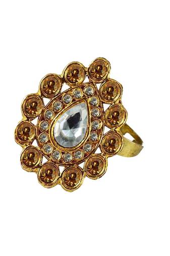 Brass Gold Platted  Golden Stone Studded  Ring With Adjustable