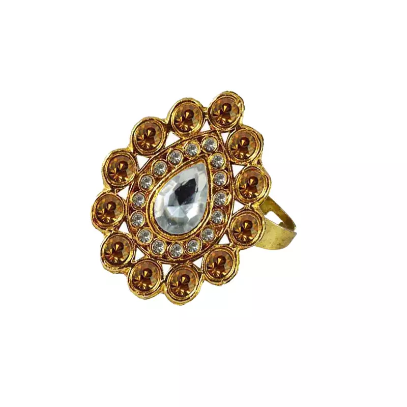 Brass Gold Platted  Golden Stone Studded  Ring With Adjustable